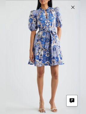 Vince Camuto Blue and White Floral Puff-Sleeve Tie-Waist Mini Dress